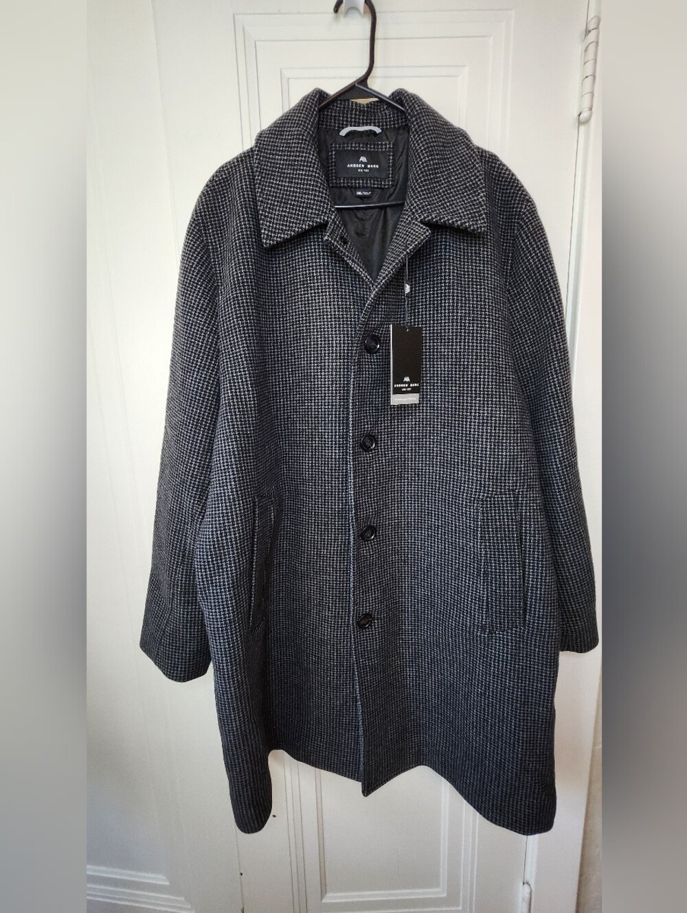 Andrew Marc Men's Houndstooth Wool Blend Overcoat Gray/Black Lined 2XL B&T